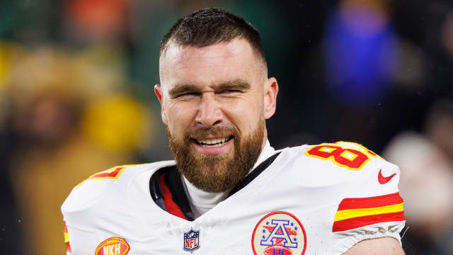 Dec 3, 2023; Green Bay, Wisconsin, USA; Kansas City Chiefs tight end Travis Kelce looks on during warmups prior to the Green Bay Packers against the Green Bay Packers at Lambeau Field. Mandatory Credit: Jeff Hanisch-USA TODAY Sports  